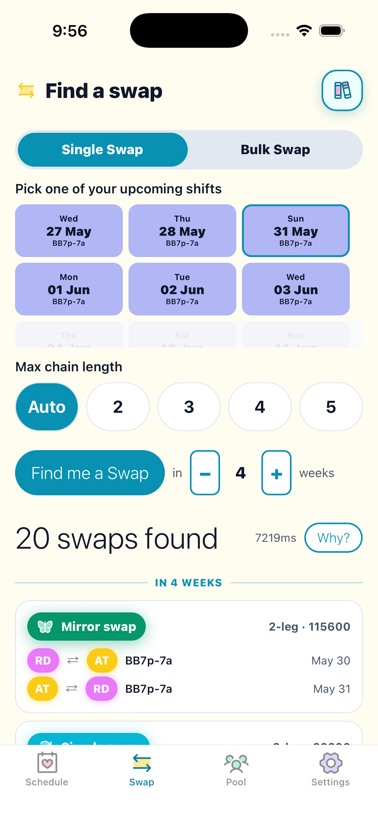 ShiftHawk's swap screen showing a list of ready-made swaps for a chosen shift, ranked best-first