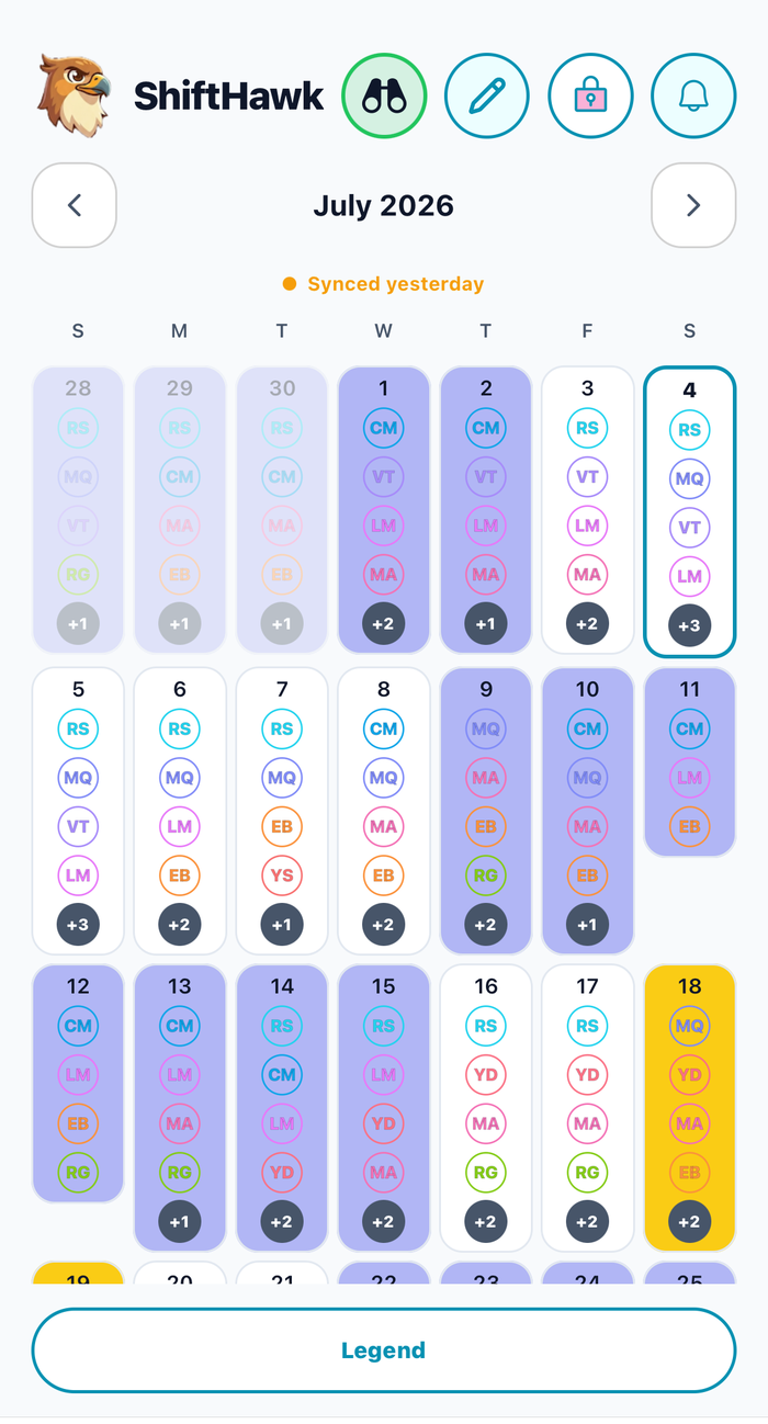 ShiftHawk Schedule tab — a monthly calendar with every coworker's shifts colour-coded per person, and the Legend button sitting below the grid